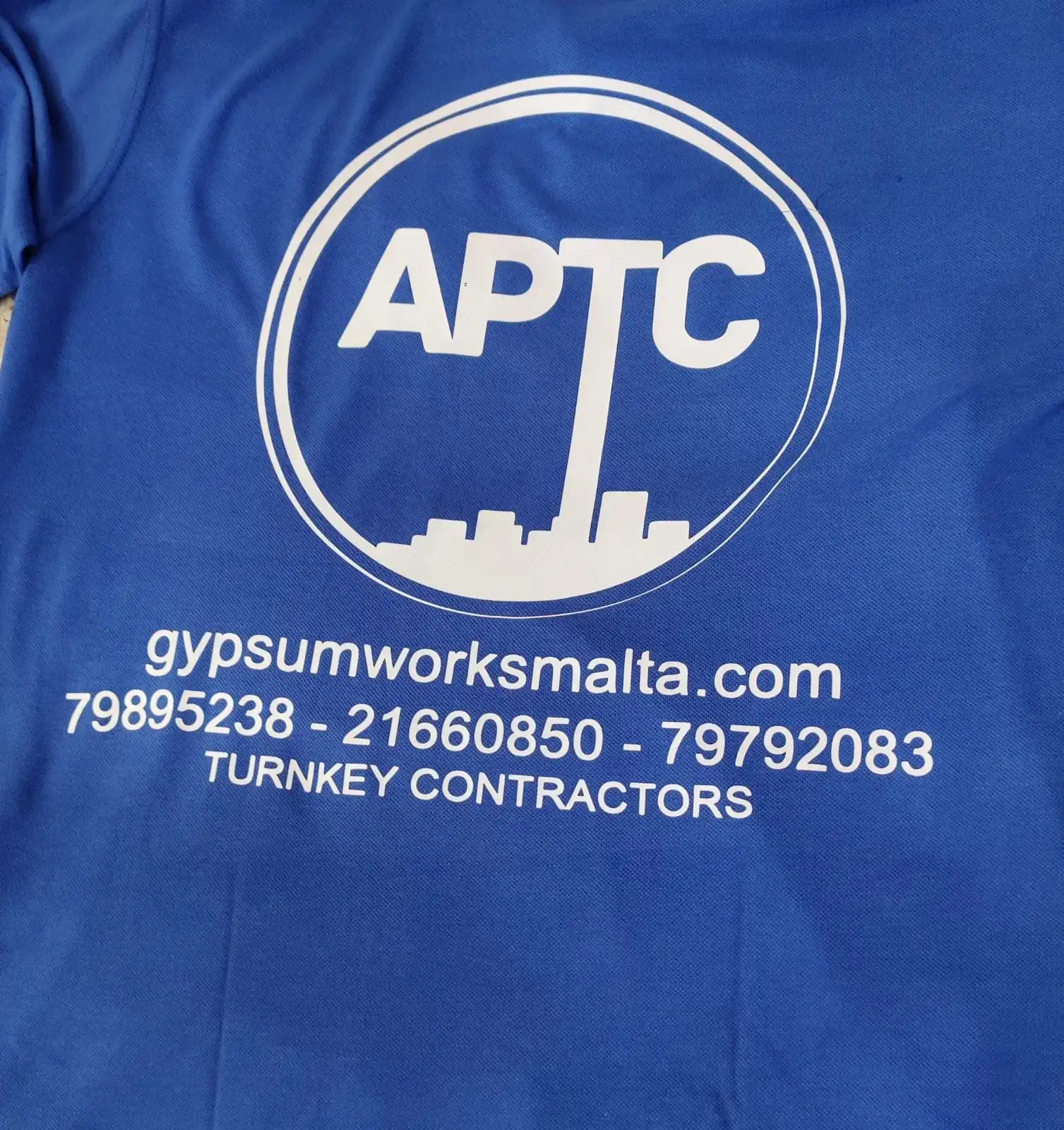 Vinyl tshirt cut and pressed by kodly for APTC gypsum and turnkey contractors malta